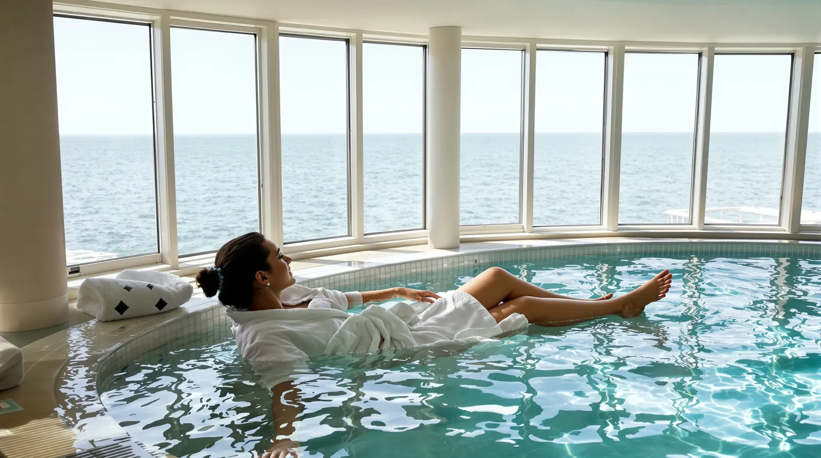 Femme en peignoir se détendant dans un bassin d'eau de mer face à la mer dans un centre de thalasso