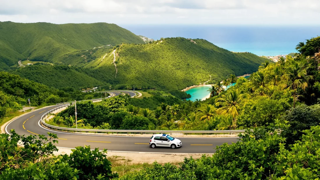 Voiture de location blanche sur une route sinueuse de Martinique, entre collines verdoyantes et mer turquoise
