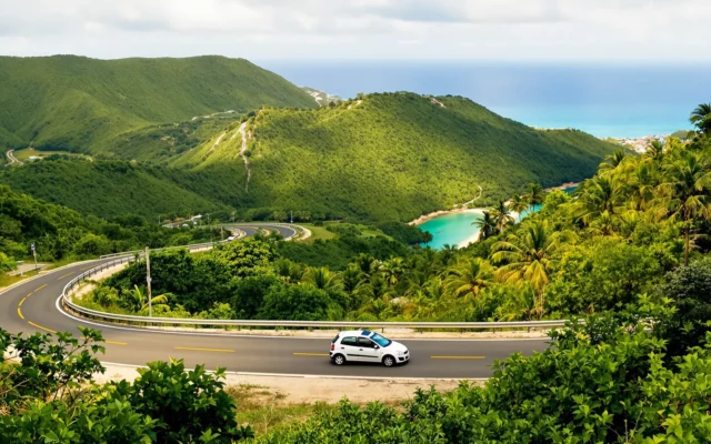 Voiture de location blanche sur une route sinueuse de Martinique, entre collines verdoyantes et mer turquoise