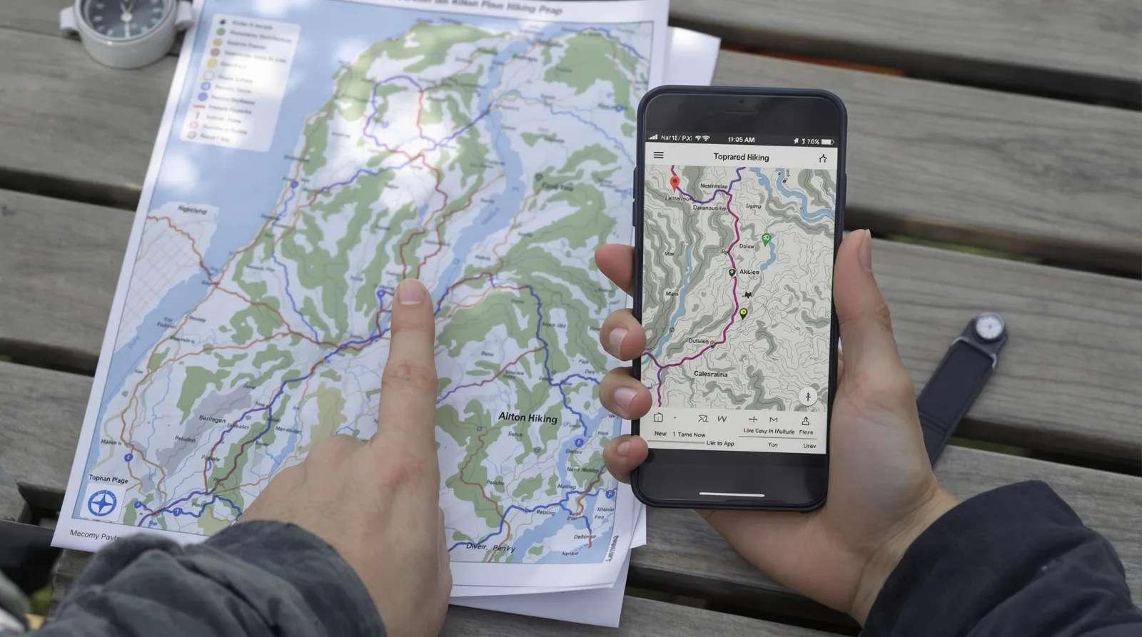 Smartphone affichant une carte de randonnée posé près d'une carte papier et d'une boussole