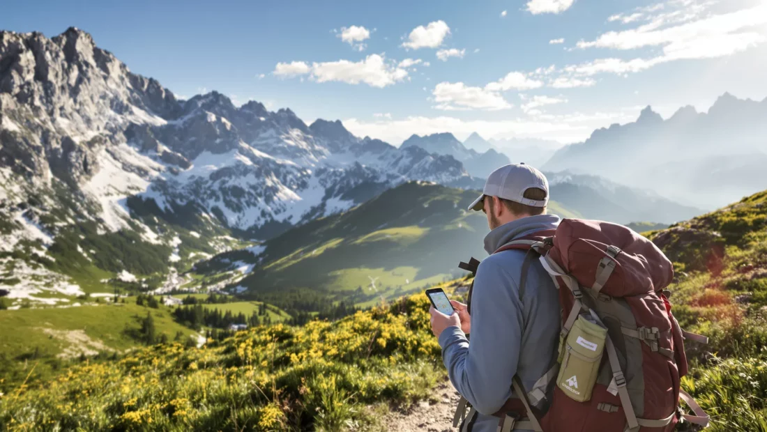 Randonneur consultant une application de randonnée sur son smartphone sur un sentier de montagne