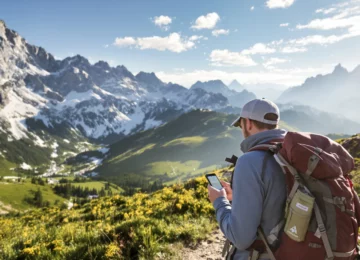 Randonneur consultant une application de randonnée sur son smartphone sur un sentier de montagne