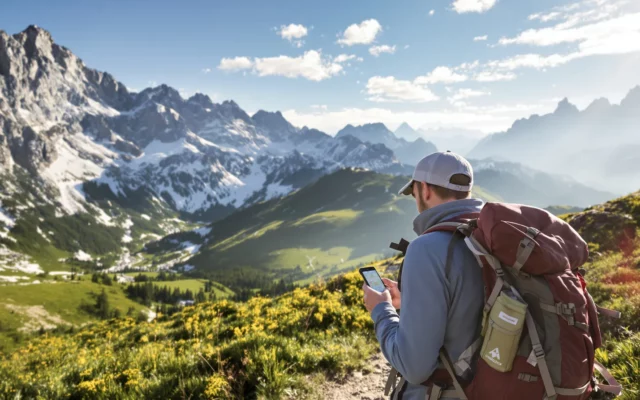 Randonneur consultant une application de randonnée sur son smartphone sur un sentier de montagne