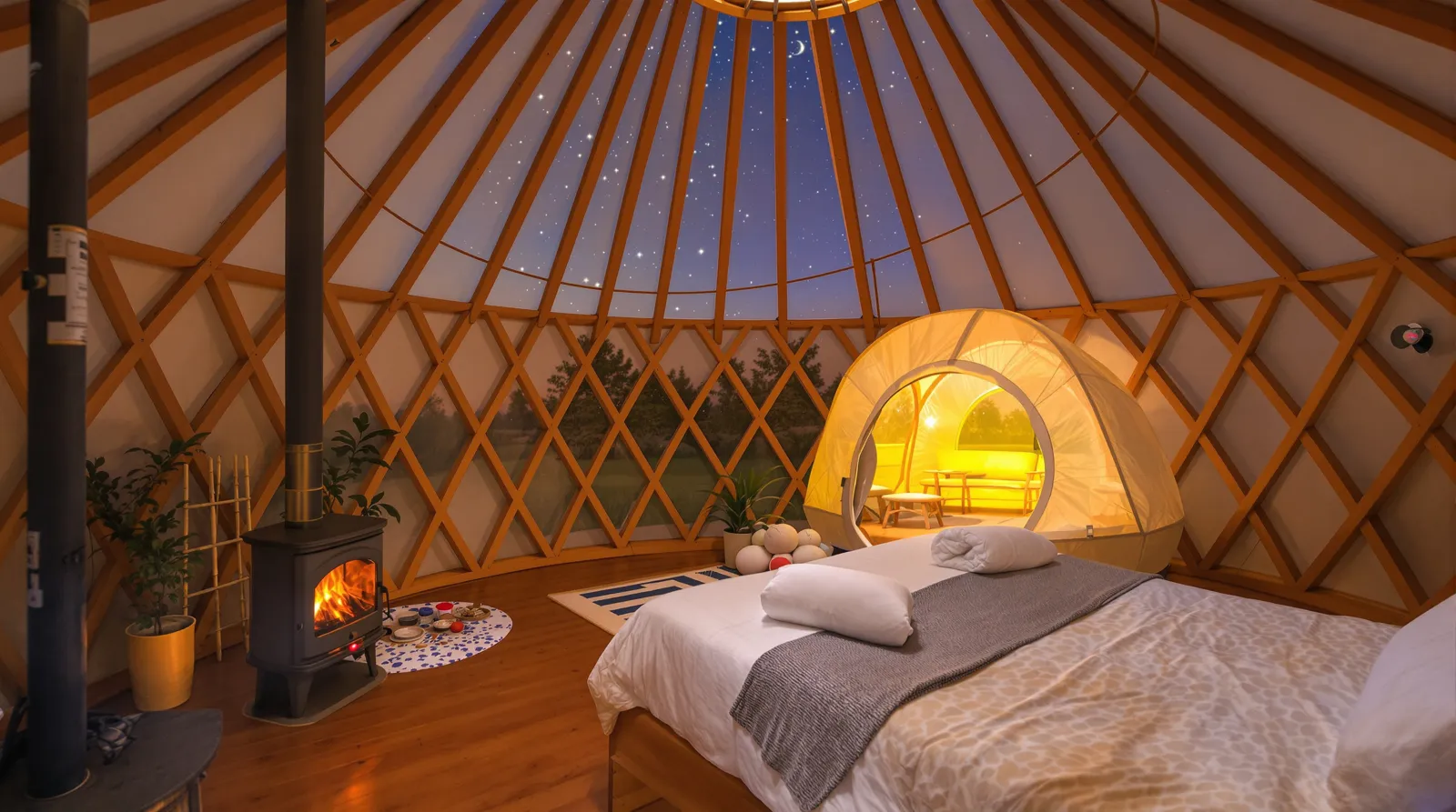 Intérieur d'une yourte chaleureuse avec poêle à bois et lit en bois