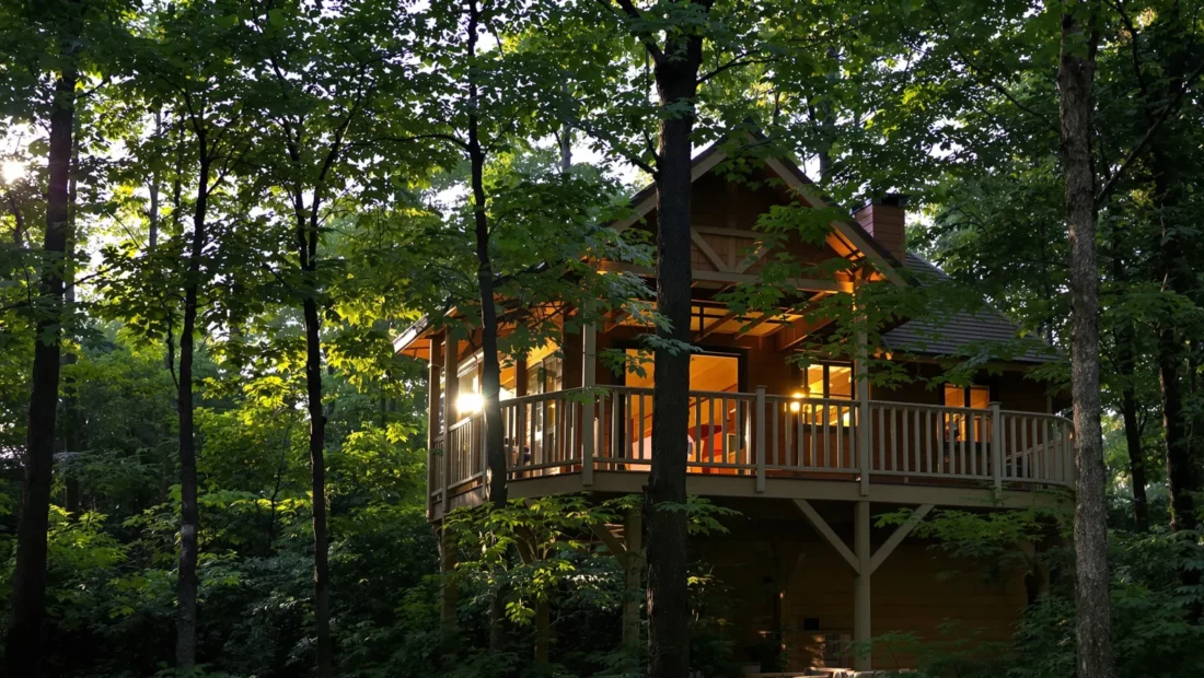 Cabane en bois perchée dans une forêt, éclairée à la tombée du jour
