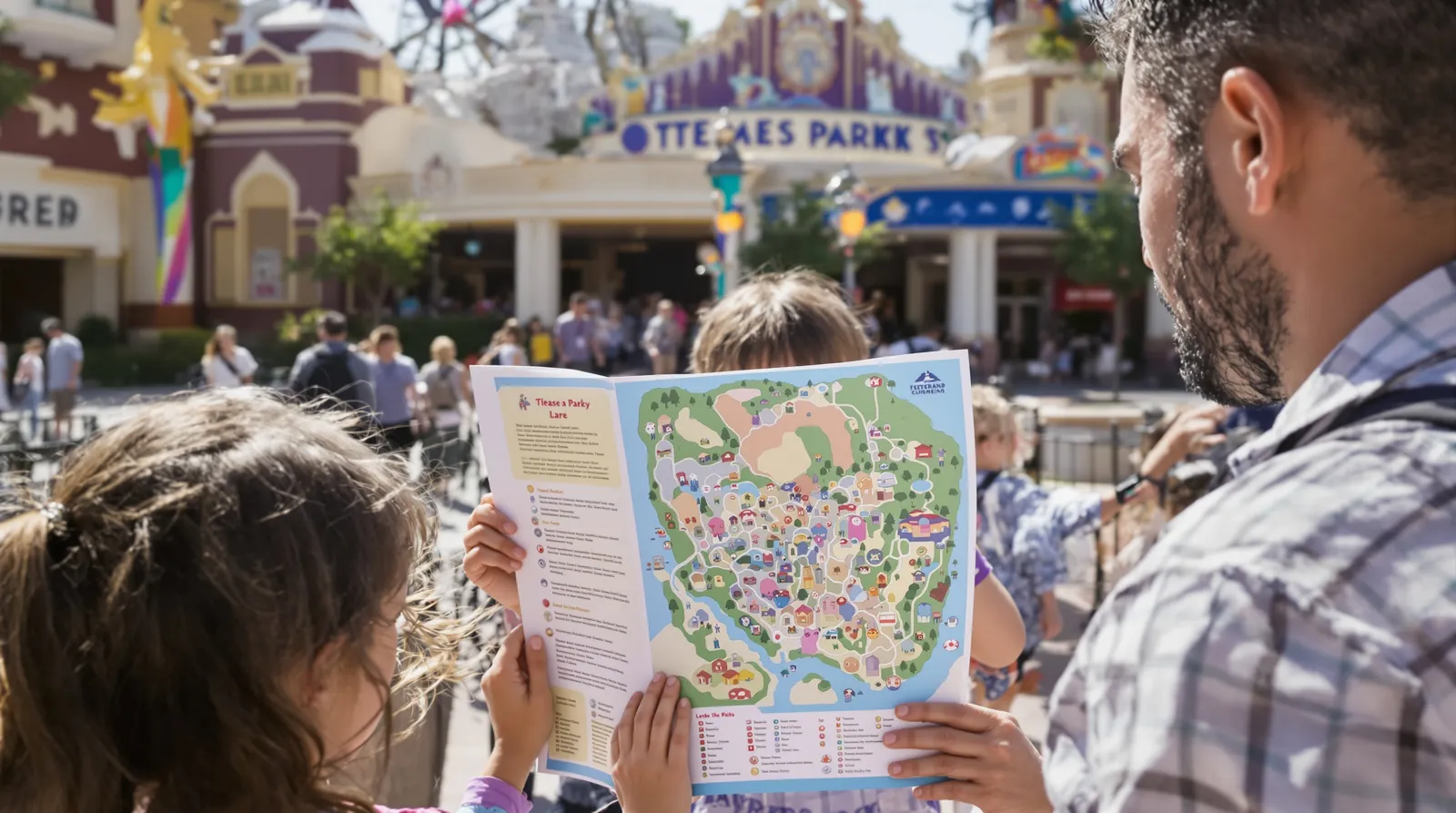 Famille consultant le plan d'un parc d'attractions à l'entrée, un matin ensoleillé