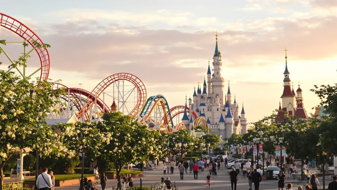 Parc d'attractions européen au coucher du soleil avec montagnes russes et chùteau de conte de fées
