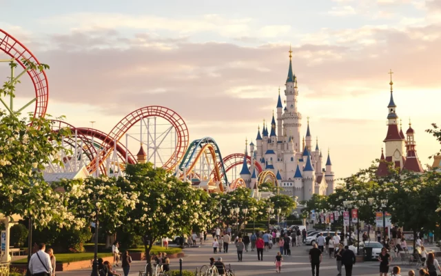 Parc d'attractions européen au coucher du soleil avec montagnes russes et château de conte de fées