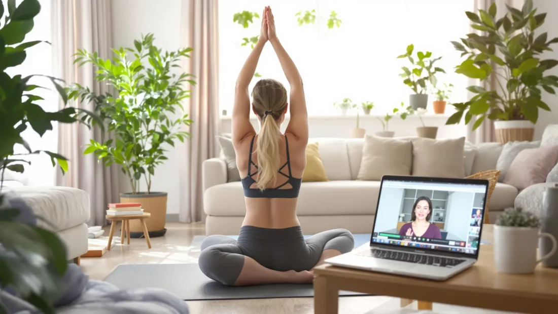 Femme pratiquant le yoga chez elle devant un ordinateur portable