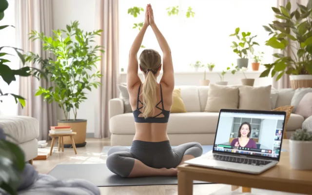 Femme pratiquant le yoga chez elle devant un ordinateur portable