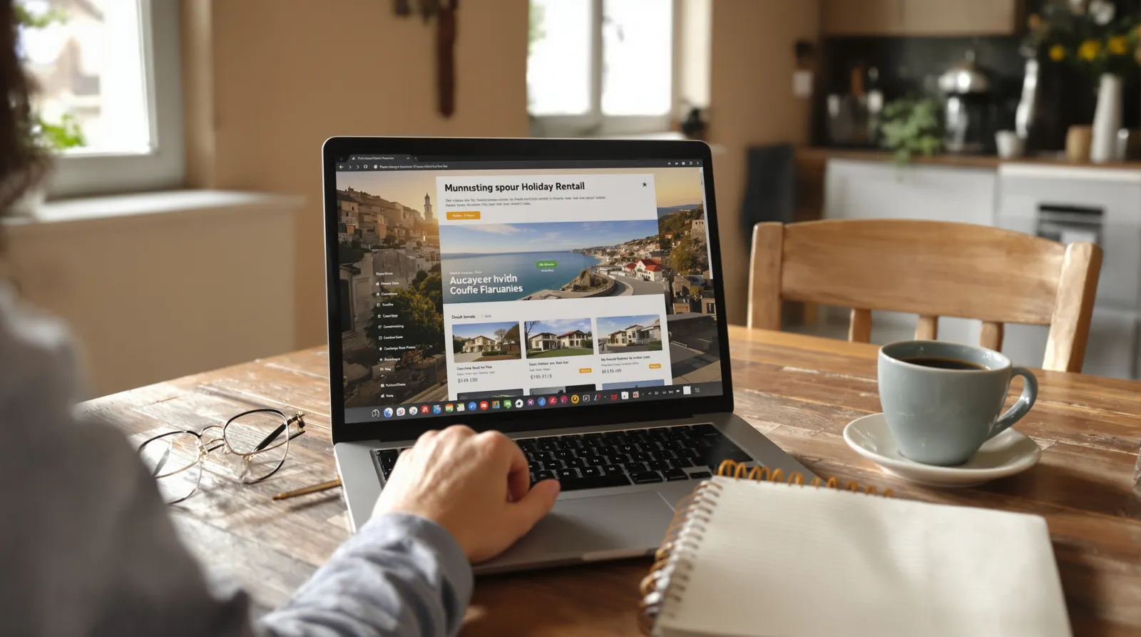 Voyageuse comparant des locations de gîtes sur un ordinateur portable avec un carnet de notes