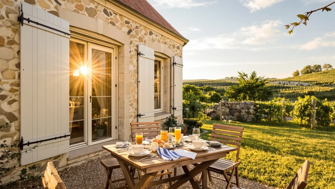 Gîte de campagne en pierre aux volets ouverts, petit-déjeuner servi sur une table en bois