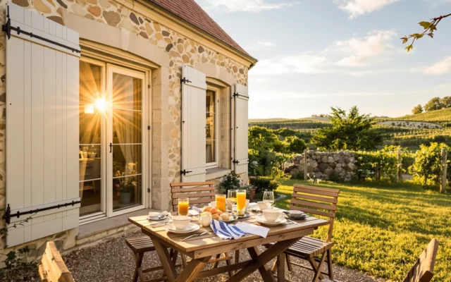 Gîte de campagne en pierre aux volets ouverts, petit-déjeuner servi sur une table en bois