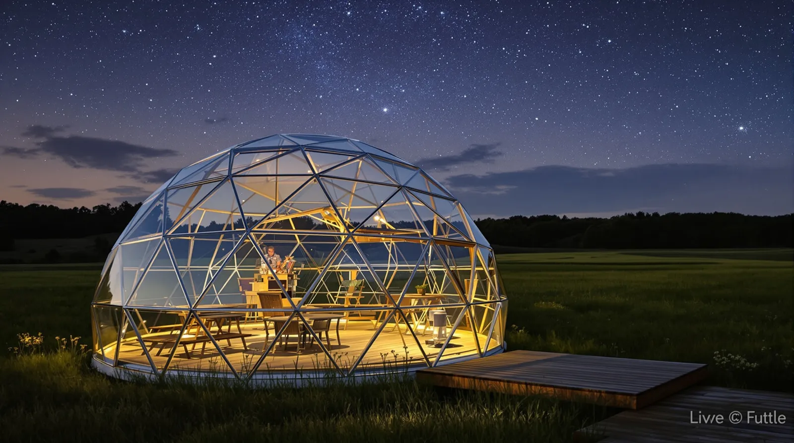 Bulle transparente posée dans une prairie au crépuscule, sous un ciel étoilé