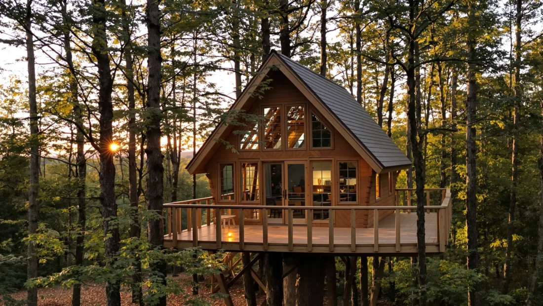 Cabane perchée éclairée dans une forêt française au coucher du soleil