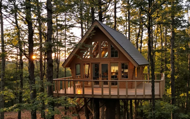 Cabane perchée éclairée dans une forêt française au coucher du soleil