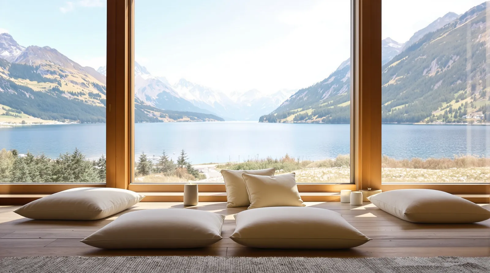 Espace de méditation avec coussins face à un lac et aux montagnes en Savoie