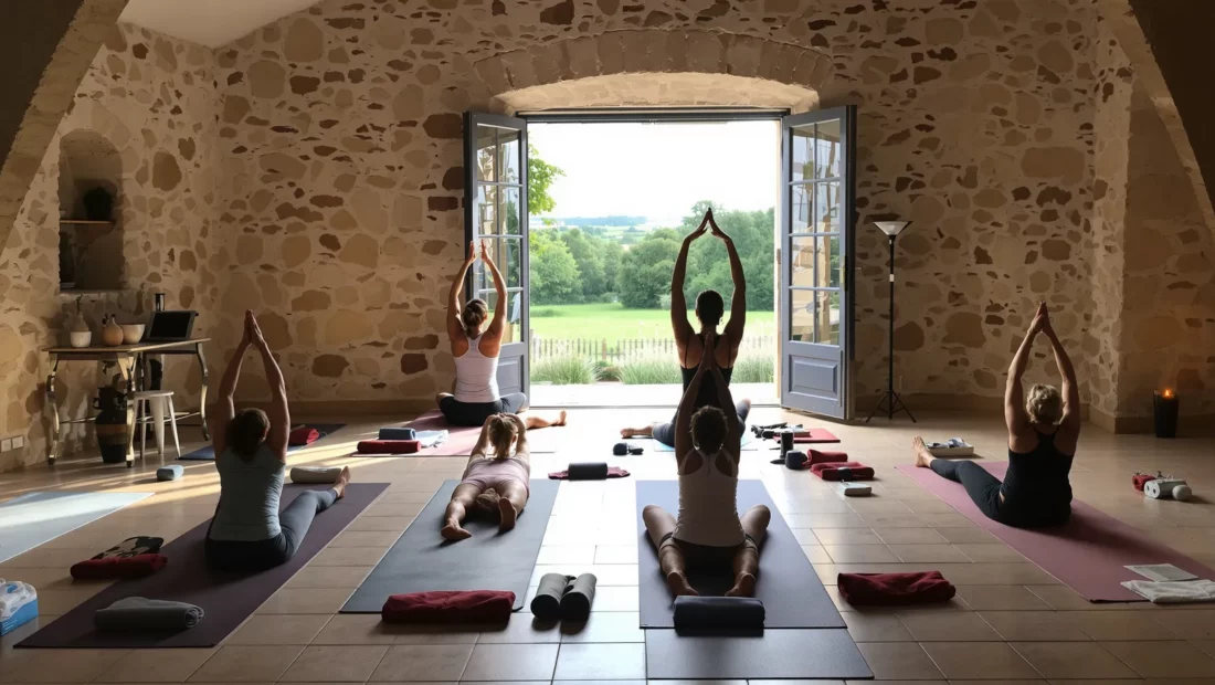 Groupe pratiquant le yoga lors d'une retraite bien-être dans une ferme de campagne en France
