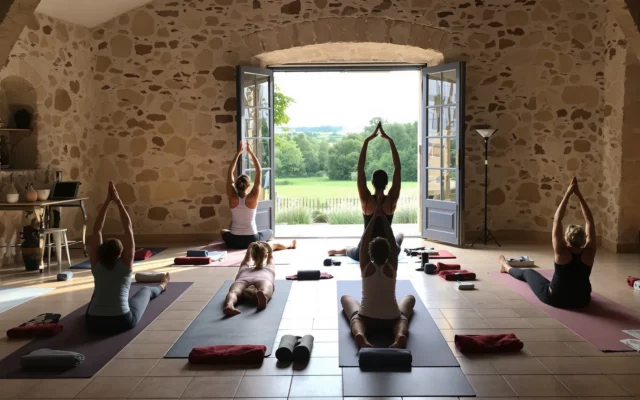 Groupe pratiquant le yoga lors d'une retraite bien-être dans une ferme de campagne en France