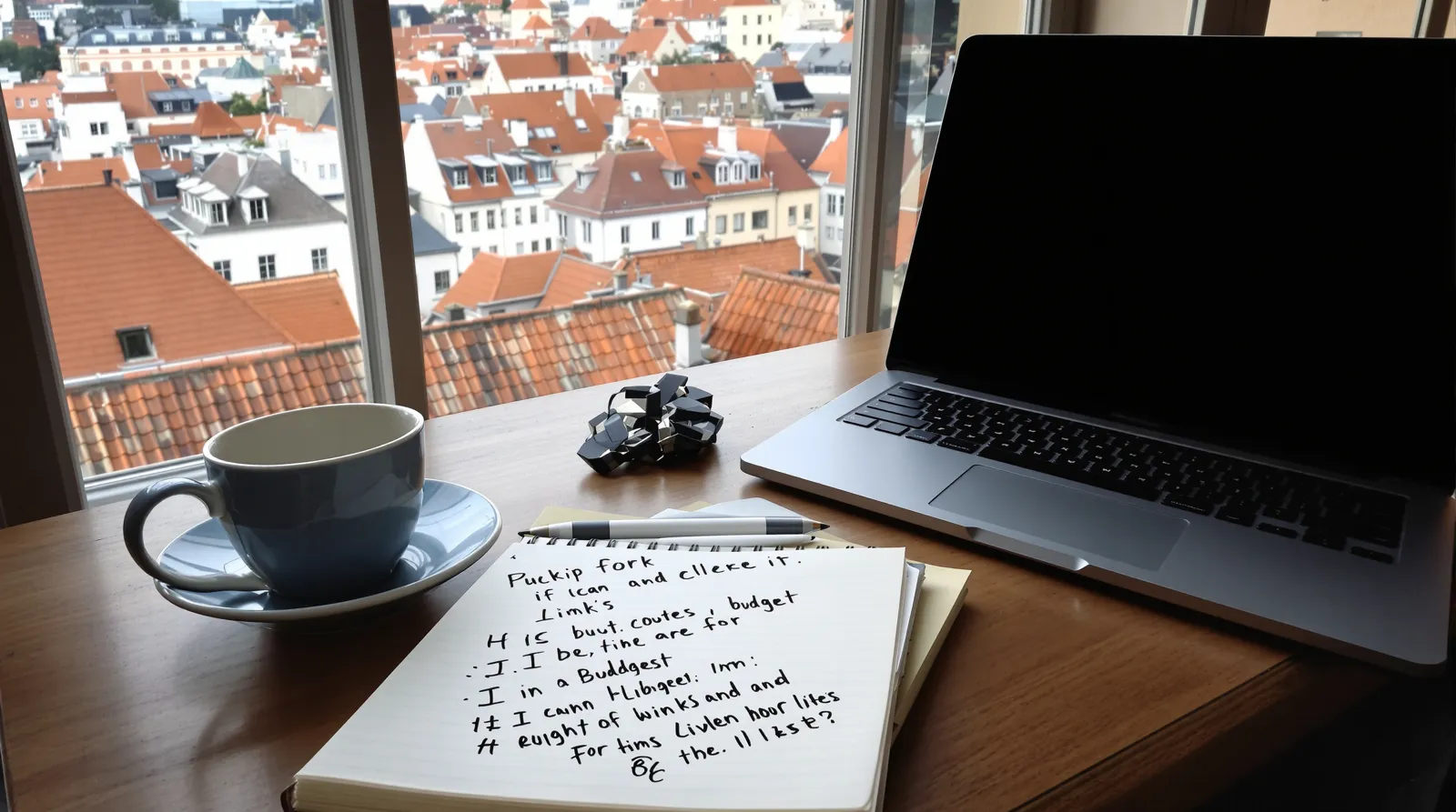 Carnet de budget et ordinateur sur une table face aux toits d'une ville européenne