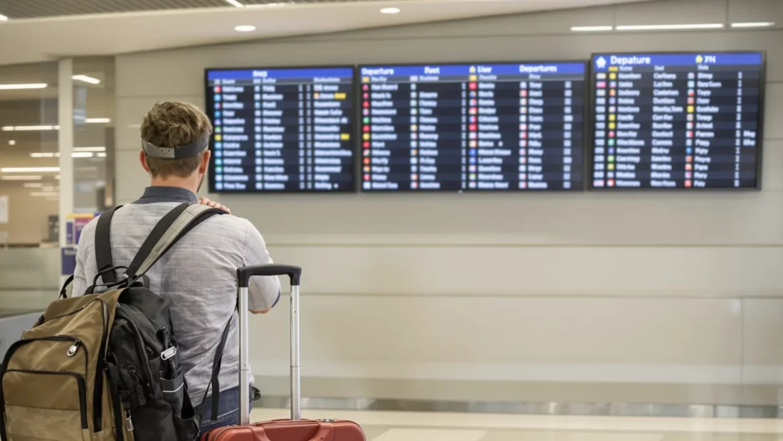 Voyageur avec un bagage cabine devant un tableau de départs dans un aéroport européen